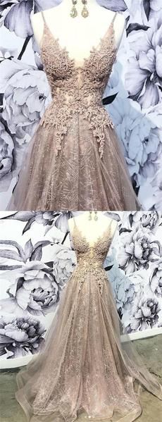 Champagne v neck tulle lace long prom dress, champagne tulle evening dress cg2097