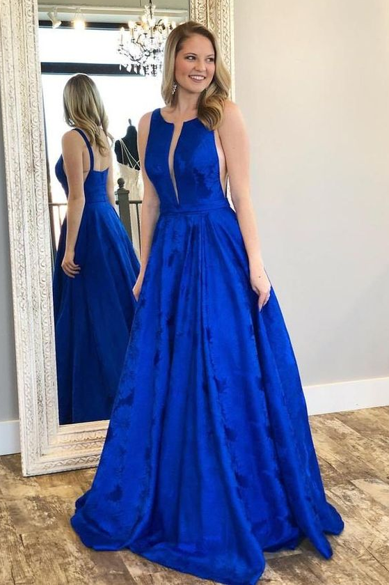 Charming A-Line Crew Floor-Length Royal Blue Printed Satin Prom Dresses cg20983