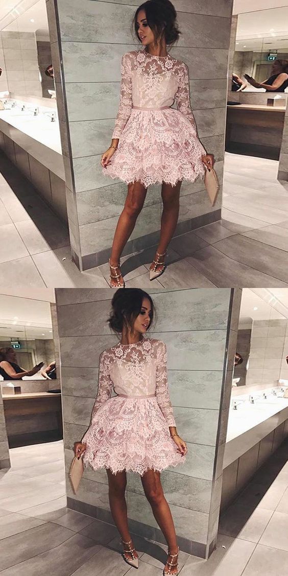 pink short homecoming dresses, long sleeves lace short dresses, lace tiered short homecoming dress with sleeves cg210