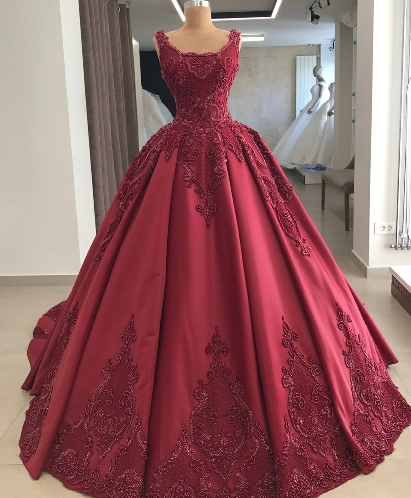 Elegant burgundy wedding dress lace long sleeves ball gown for women prom dress, evening dress cg21005