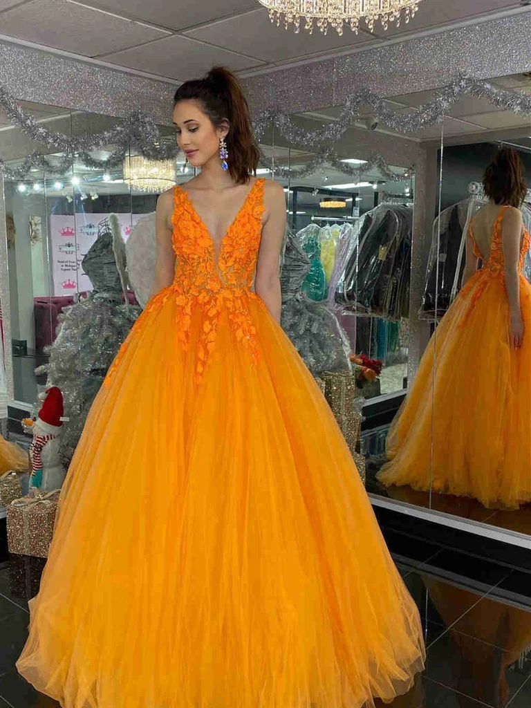 V Neck and V Back Orange Lace Long Prom Dresses, Orange Lace Formal Evening Dresses cg21027