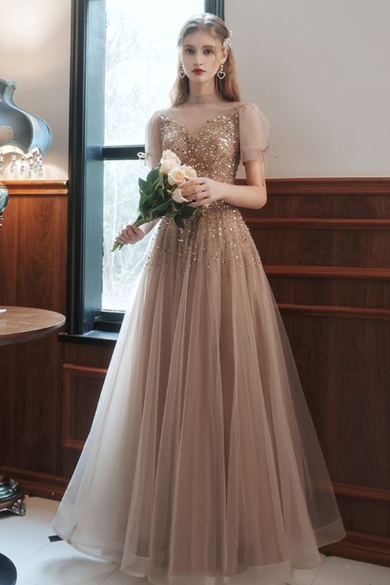 Prom Dress A-line champagne tulle long princess formal dress with short sleeves cg21045