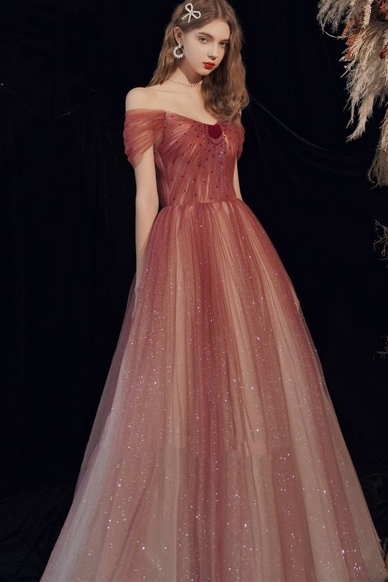 Prom Dress Off the Shoulder Ombre Burgundy Long Evening Dress cg21046