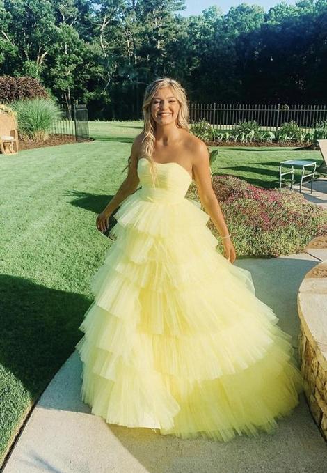 Yellow tulle long A line prom dress evening dress cg21062
