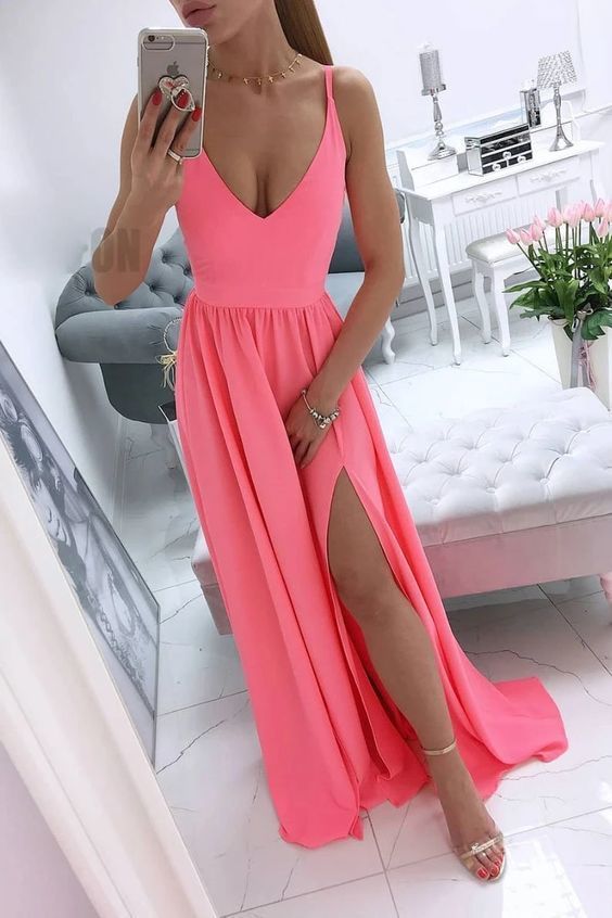 Simple v neck coral chiffon long prom dress cg21089