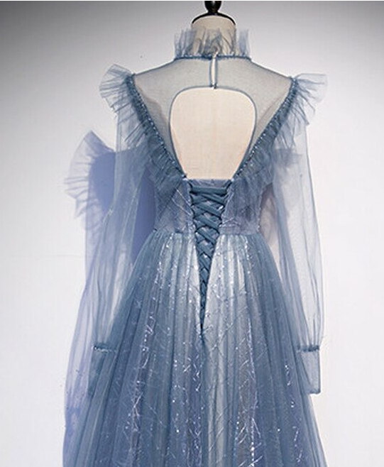 Blue Tulle Long Sleeve High Neck Backless Prom Dress cg21100