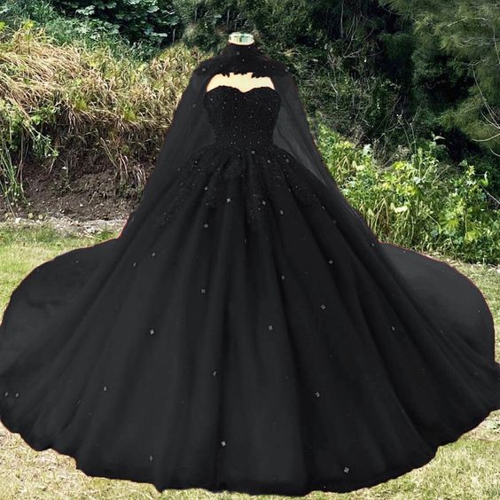 Vintage black wedding dress ball gown for gothic weddings with cape prom dress, evening dress cg21102
