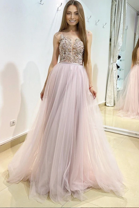 Pink tulle lace long A line prom dress evening dress cg21105