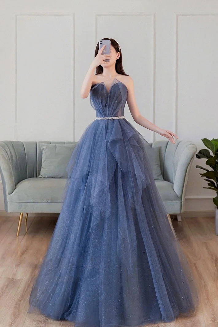Blue sweetheart neck tulle long prom dress blue tulle formal dress cg21112