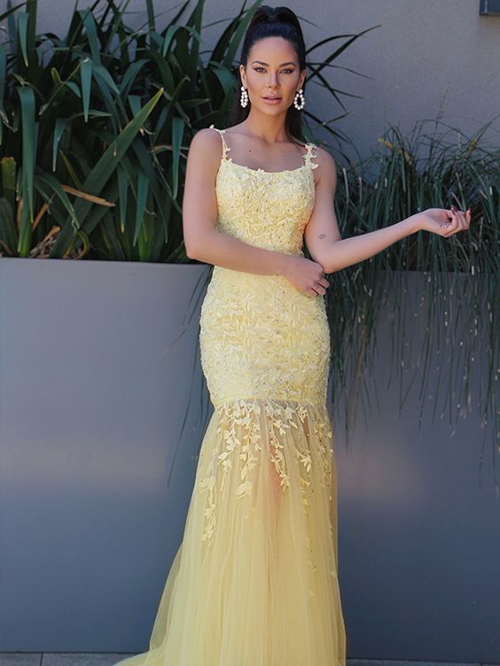 Mermaid Tulle Spaghetti Straps Long Daffodil Prom Dresses cg21152