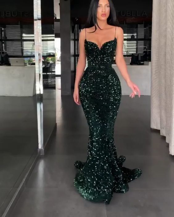Sparkly Mermaid Sweetheart Spaghetti Straps Green Sequin Long Prom Evening Dresses cg21162