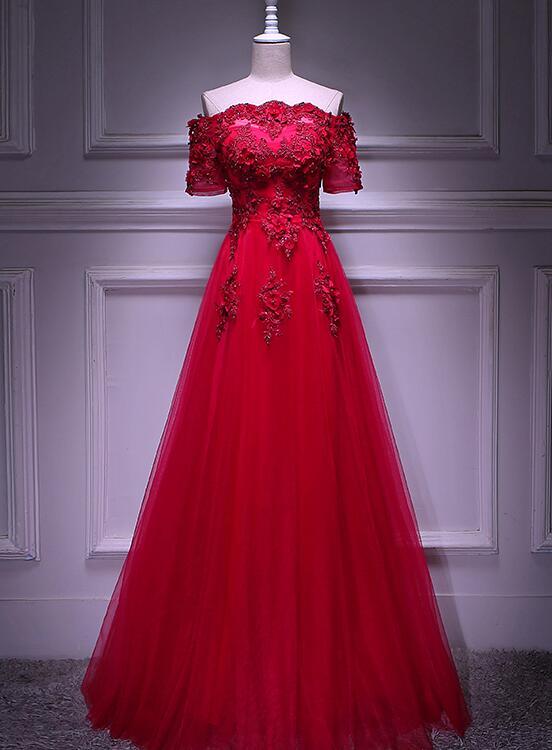 Red Tulle Short Sleeves Lace Applique Long Junior Prom Dress, Red Formal Gown cg21182