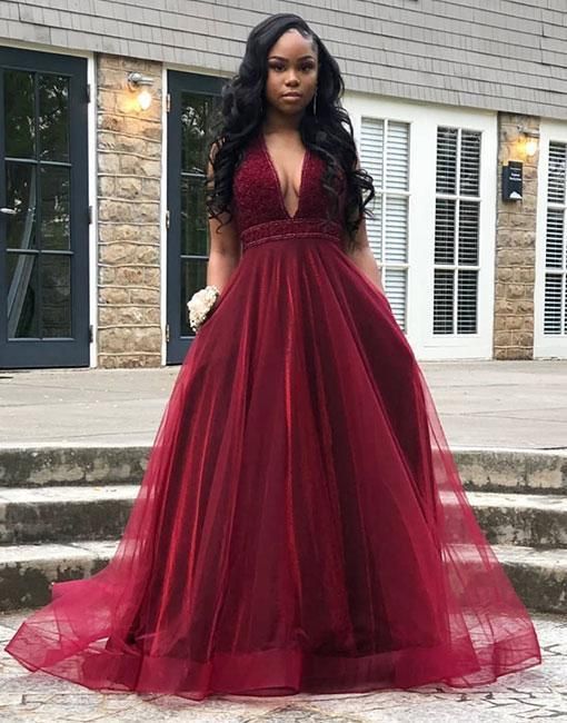 Burgundy v neck long prom dress, evening dresses cg2119