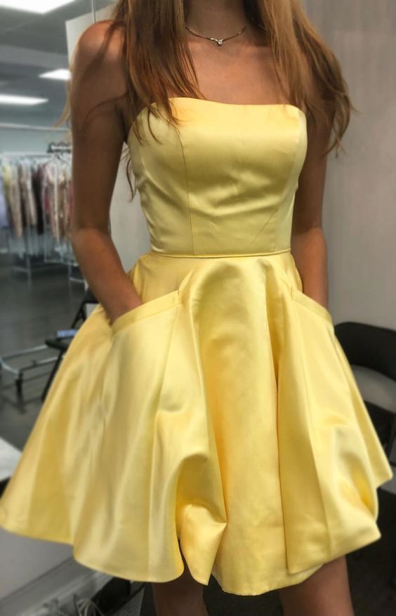 Strapless Short Yellow Homecoming Party Dress With Pockets cg2120