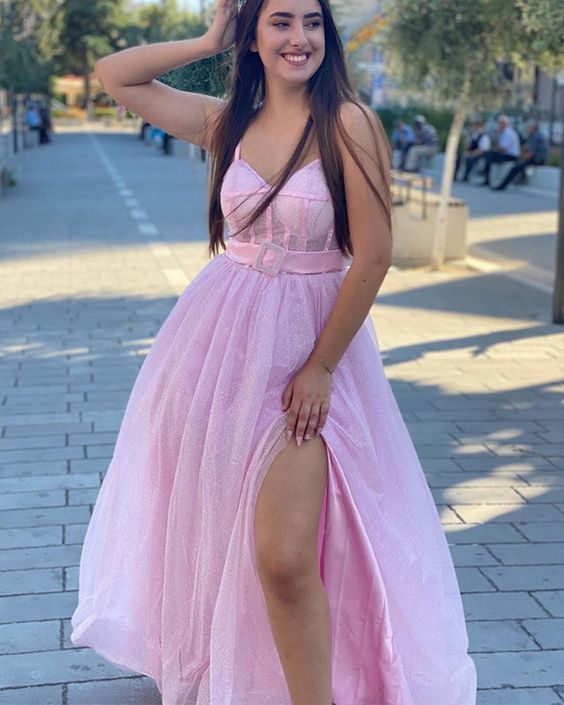 Pink seuqins prom dresses leg split evening gown prom dress cg21200