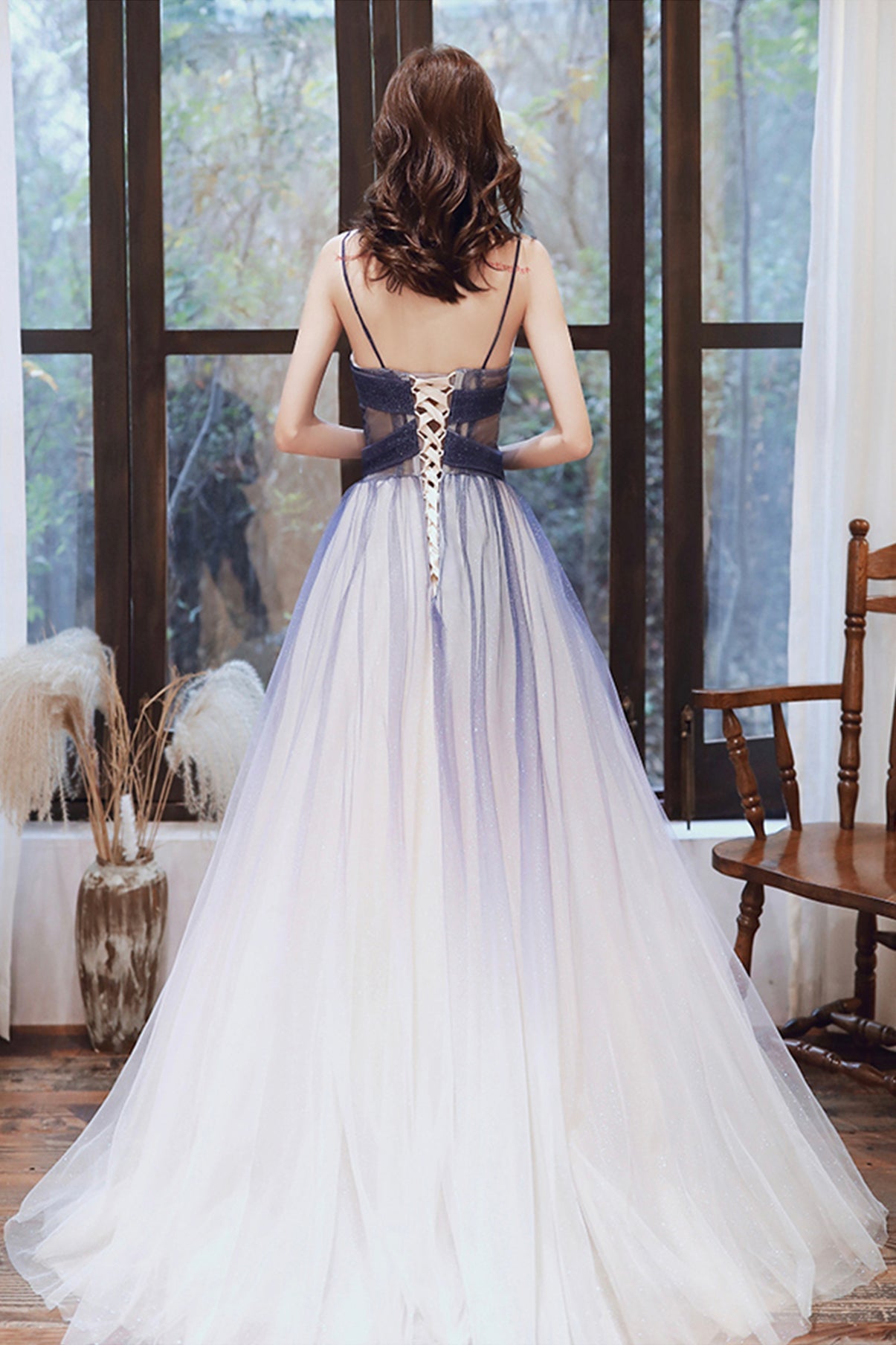 STYLISH V NECK TULLE LONG A LINE PROM DRESS BLUE EVENING DRESS cg21204