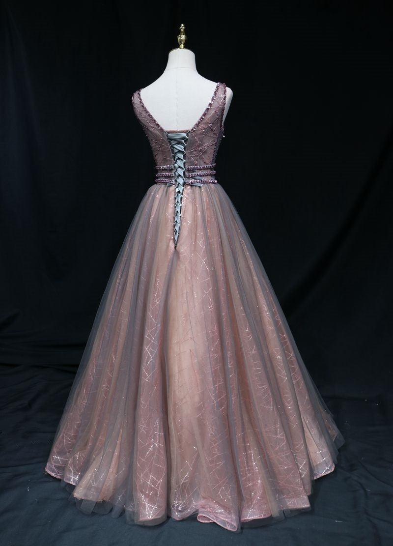 brown A-line tulle long formal dress features plunge neck with mesh insert Prom Dress, cg21208