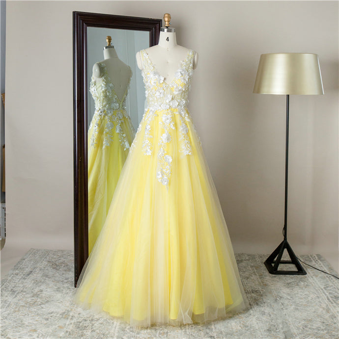 V neck tulle white apliques sexy yellow gown prom dress for lady women cg21212