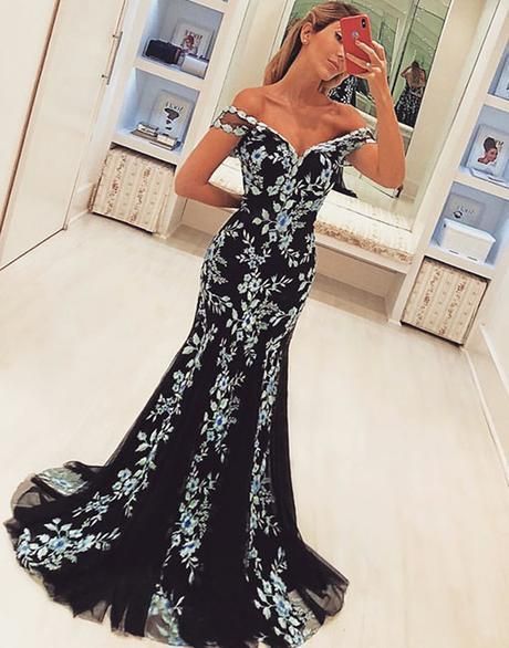 Black Lace Off Shoulder Long Prom Dress, Charming Elegant Mermaid Evening Dress cg21247