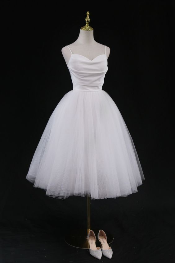 Vintage Style White Midi Casual Wedding Dress Homecoming Dress cg21254