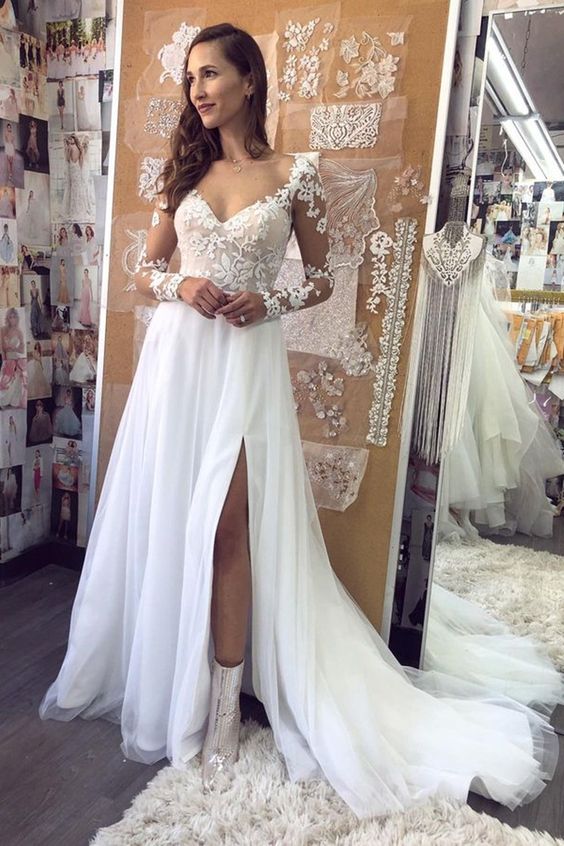 Elegant Long Sleeves White Lace Long Prom Dress, White Lace Wedding Dress cg21283