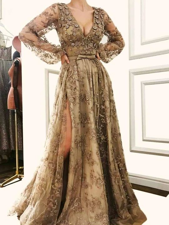 Lace Long Sleeve V Neck Prom Dress Vintage Custom Evening Dress cg21301