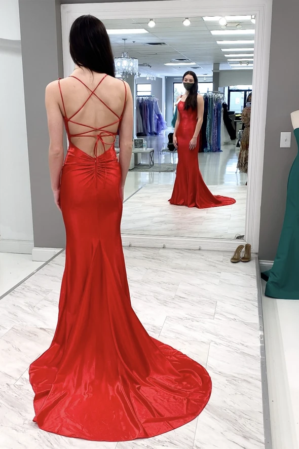 Red satin long prom dress mermaid evening dress cg21319