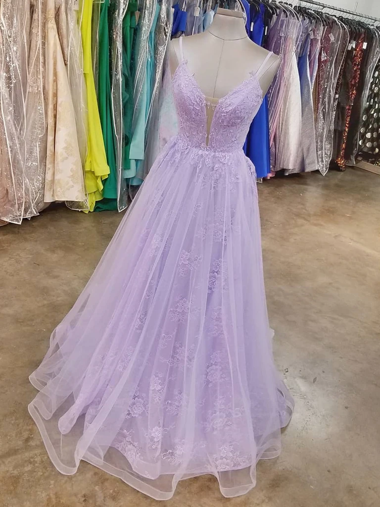 A Line V Neck Purple Lace Long Prom Dresses, Lilac Lace Long Formal Evening Dresses cg21321