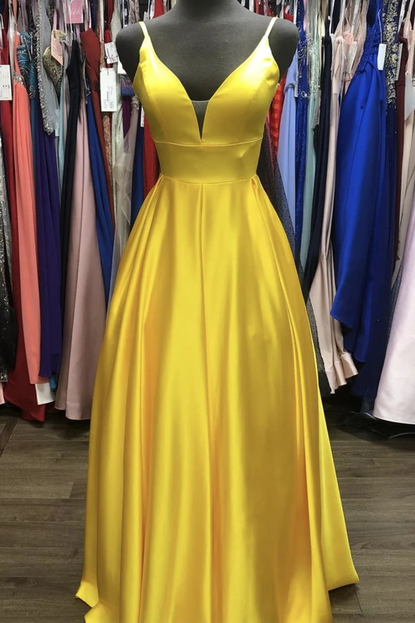Yellow satin long A line prom dress yellow evening dress cg21326