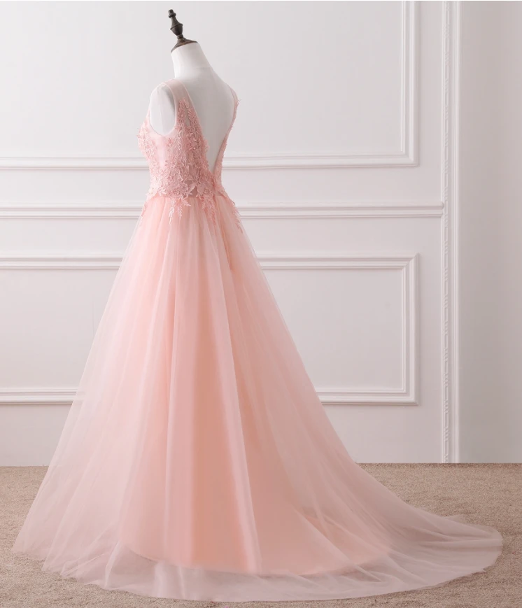 Pink Tulle Round Lace Applique Long Formal Dress, Pink Tulle Junior Prom Dress cg21327