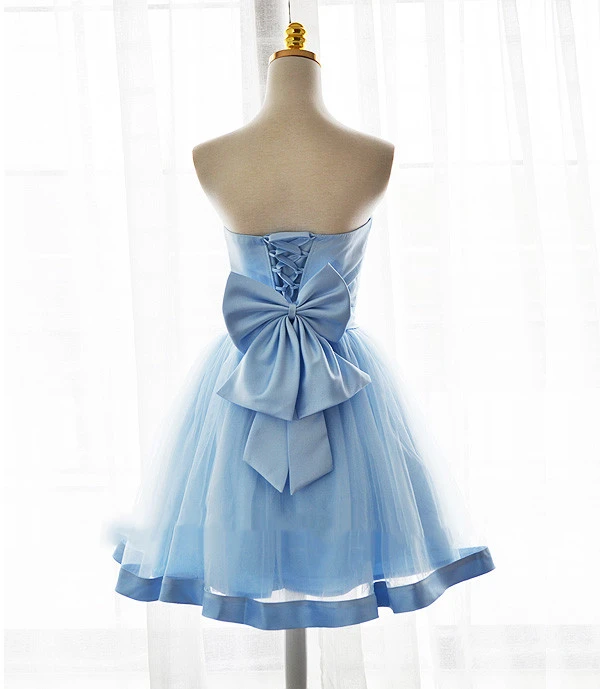 Light Blue Tulle Sweetheart With Bow Cute Party Dress, Blue Short Homecoming Dress cg21331