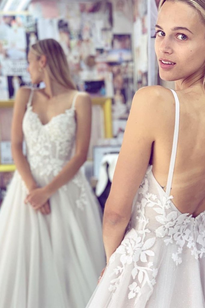 Thin Straps Backless White Lace Long Prom Wedding Dress, White Lace Formal Dress, White Evening Dress cg21334