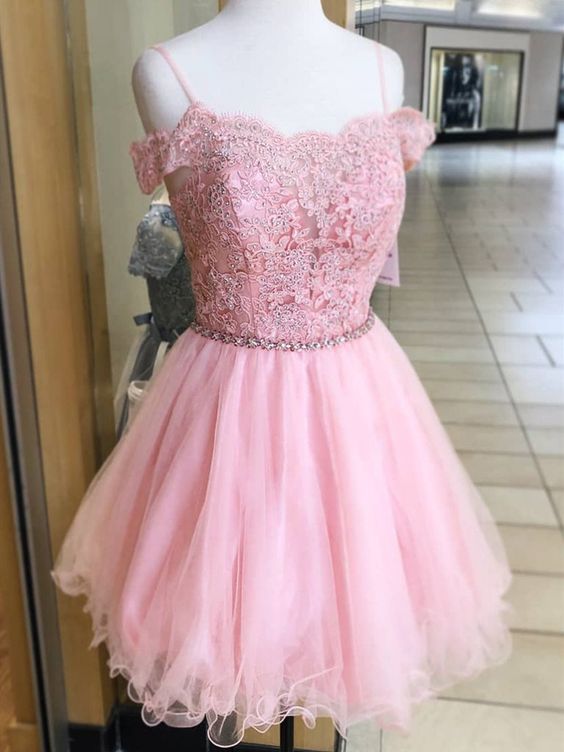A Line Off Shoulder Lace Pink Short Homecoming Dresses, Off Shoulder Pink Lace Formal Graduation Evening Dresses cg21340