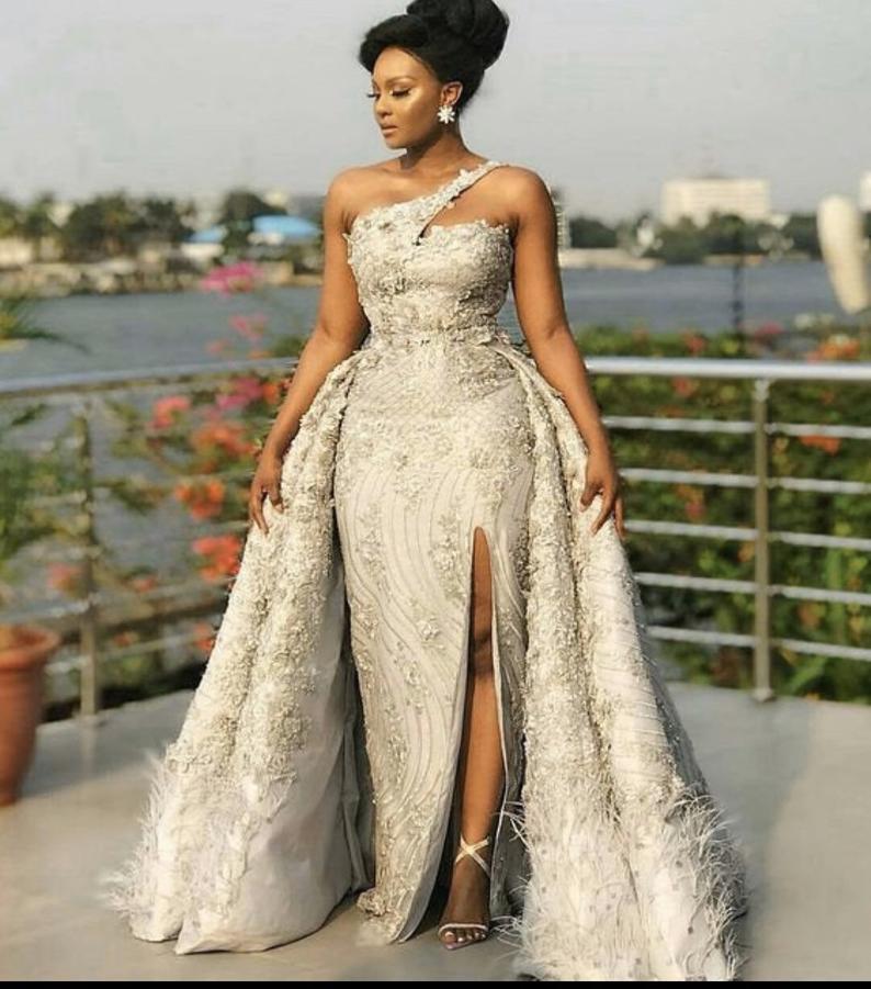 Long party lace dress with train,African prom lace dress Wedding dress Prom gowns cg21349