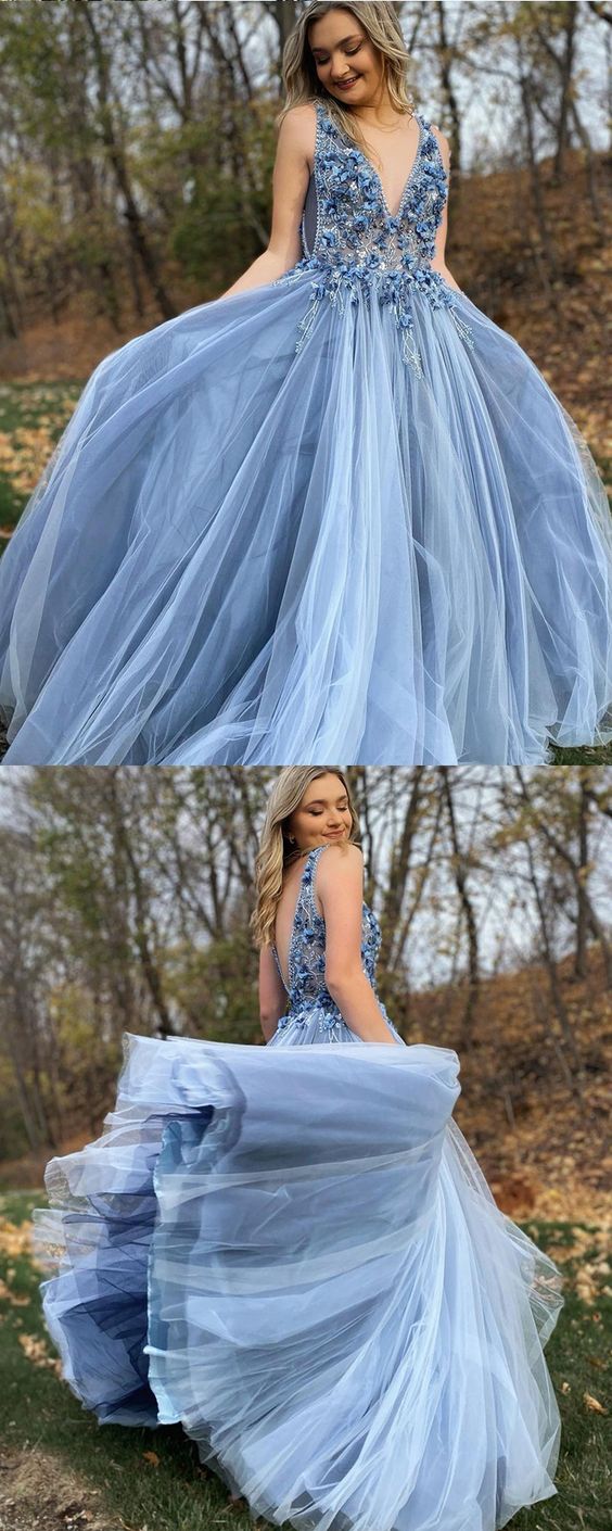 V-neck Beaded 3D Flowers Dusty Blue Tulle Prom Dress cg21391