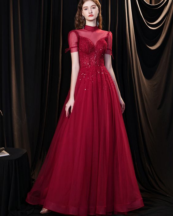 High Neck Burgundy Tulle Beading Evening Dress with Short Sleeves Prom Dress cg21394