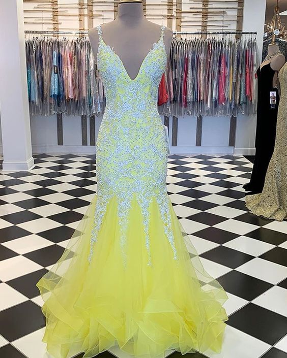 V-neck Beading Appliqued Yellow Mermaid Ruffled Prom Dress cg21395