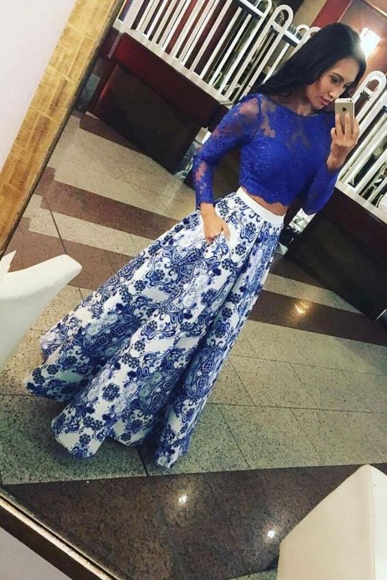 Blue satin lace long prom dress blue lace evening dress cg21398