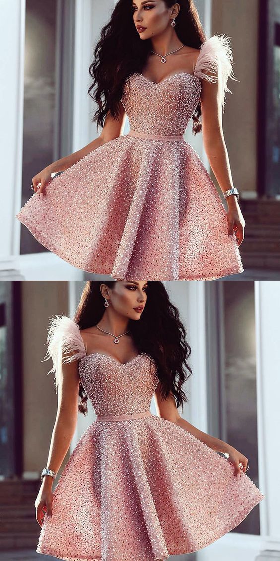 Sweetheart Pink Beaded Short homecoming Dress with Feathers, Cutest Pink Dresses for Homecoming cg214