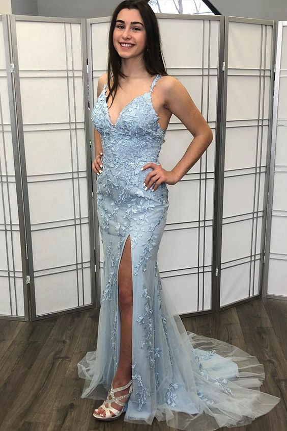 mermaid light blue lace appliques long formal prom dress features with v neck, side slit and low back cg21405