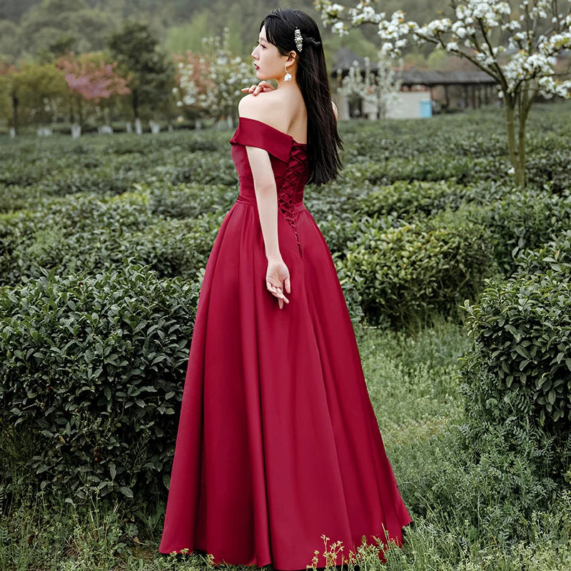 Dark Red Satin Long Off Shoulder A-Line Evening Dress prom dress cg21433