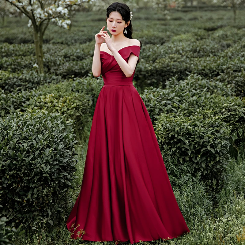 Dark Red Satin Long Off Shoulder A-Line Evening Dress prom dress cg21433