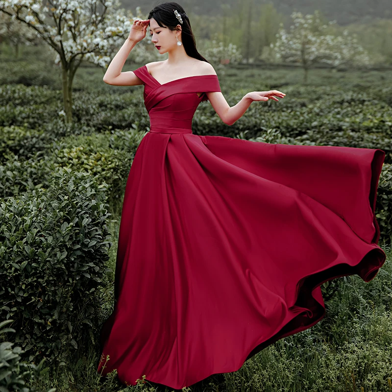 Dark Red Satin Long Off Shoulder A-Line Evening Dress prom dress cg21433