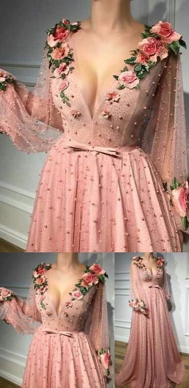Chic A Line V Neck Prom Dress Modest Long Pink Prom Dress cg21436