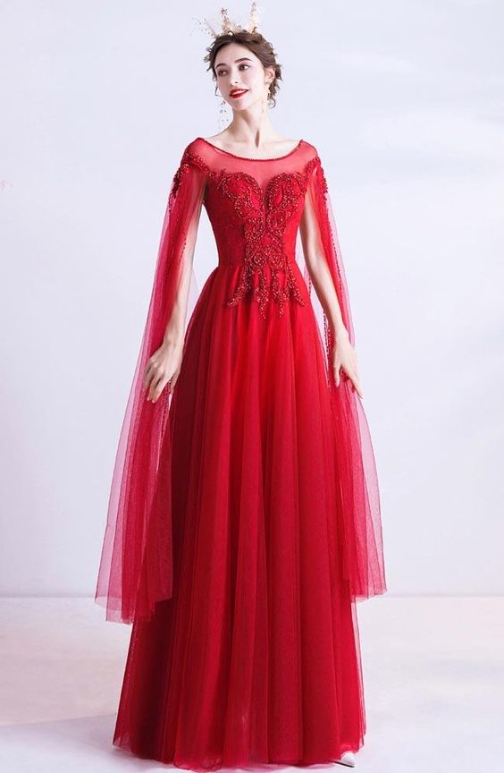 Scoop Neck Long Sleeve A-line Evening prom Dress with Flower Appliques cg21441