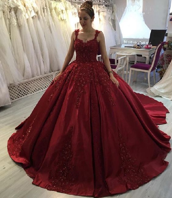 New Elegant Burgundy Lace Beaded Prom Dress,Ball Gown Long Train Formal Dresses,Quinceanera Dresses cg21443