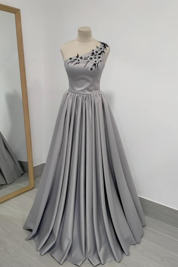 Gray satin long A line prom dress one shouder evening dress cg21464