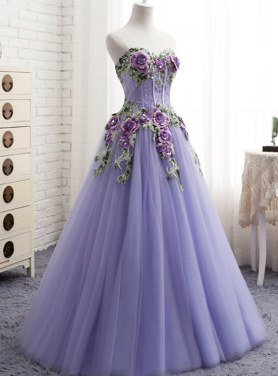A-Line Purple Tulle Embroidery Appliques Sweetheart Neck Prom Dress cg21474