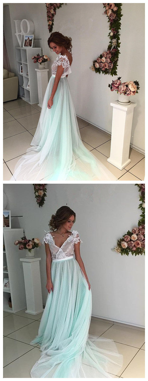 Prom Dress,Sexy V-neck Prom Dresses,Short Sleeve Evening Dress A-line Sweep Train cg21482