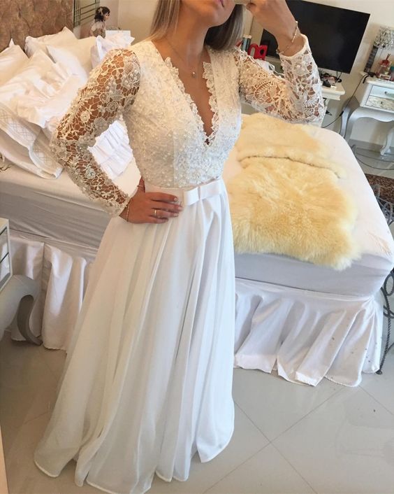 Elegant Long Sleeve Prom Dress,A Line Evening Dresses Lace Floor Length Sexy V Neck See Through Back White Custom Made Prom Dress cg21487